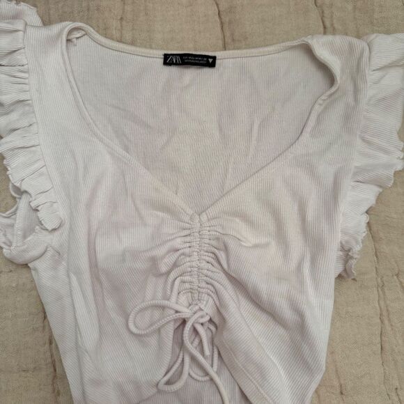 ZARA White Ruffled Ruched Crop Tank Top - Picture 3 of 5